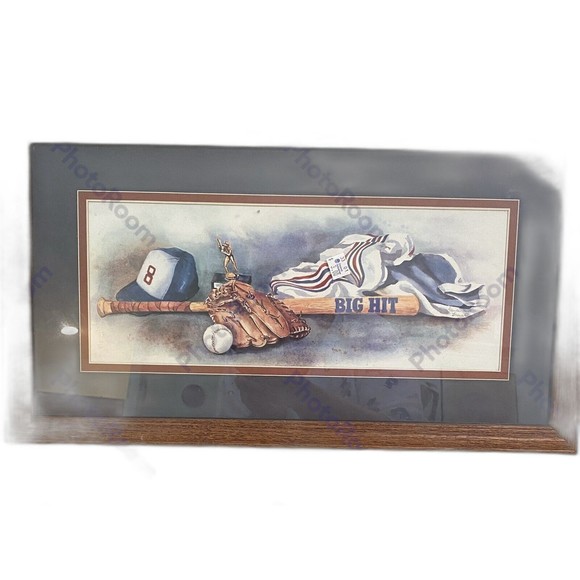 Vintage Baseball Bat Mitt Print Oak Framed Matt Glass 11 x 20  Preowned Wall Art - Picture 1 of 4